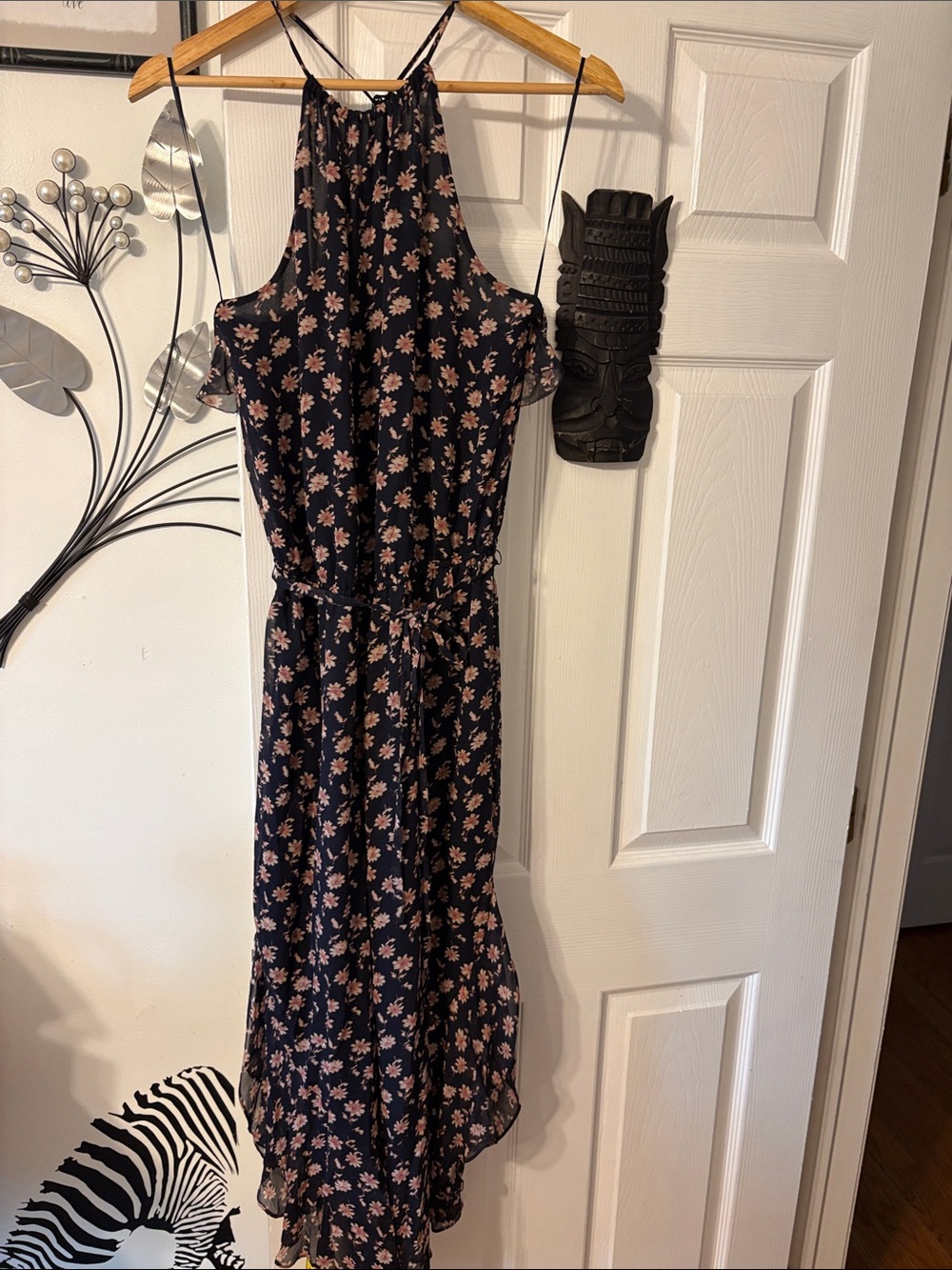 Joie Navy High-Low Floral Halter jumpsuit with Pink Blossoms